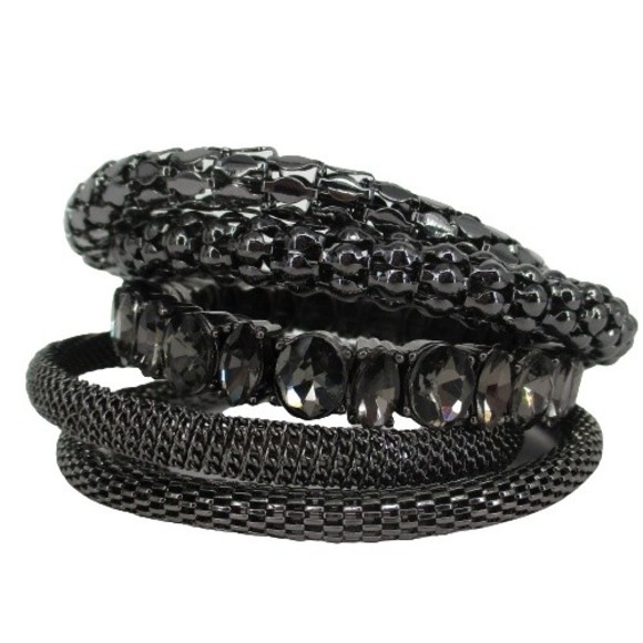 6  Metal Bangle Bracelets Stack Lot Textured Dark Gunmetal Grey Crystal Metal - Picture 1 of 5